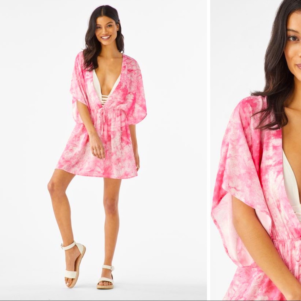 NWT JustFab Pink Tie Dye Kimono Beach Swim Coverup Summer Vacation Barbie Cute